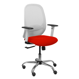 Silla Cilanco blanca malla blanca asiento bali rojo brazo regulable base cromada ruedas de parqué