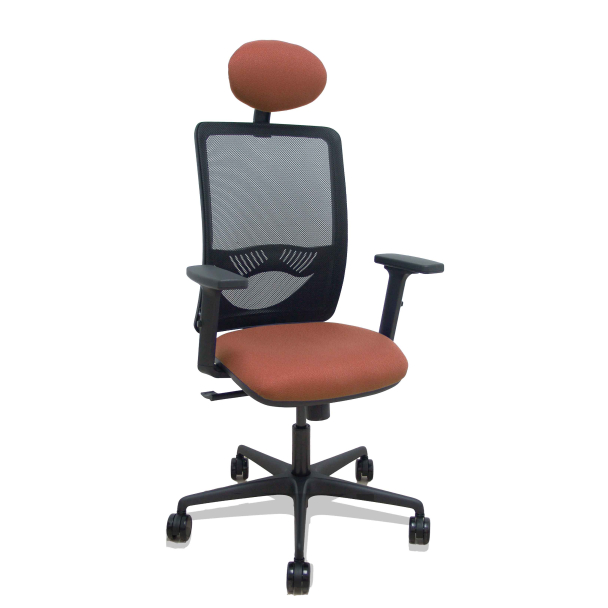 Silla Zulema sincro malla negra asiento bali marrón brazos 2D ruedas 65mm cabecero